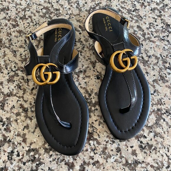 Gucci Double G Thong Leather Sandals in Black 37 - Picture 2 of 6